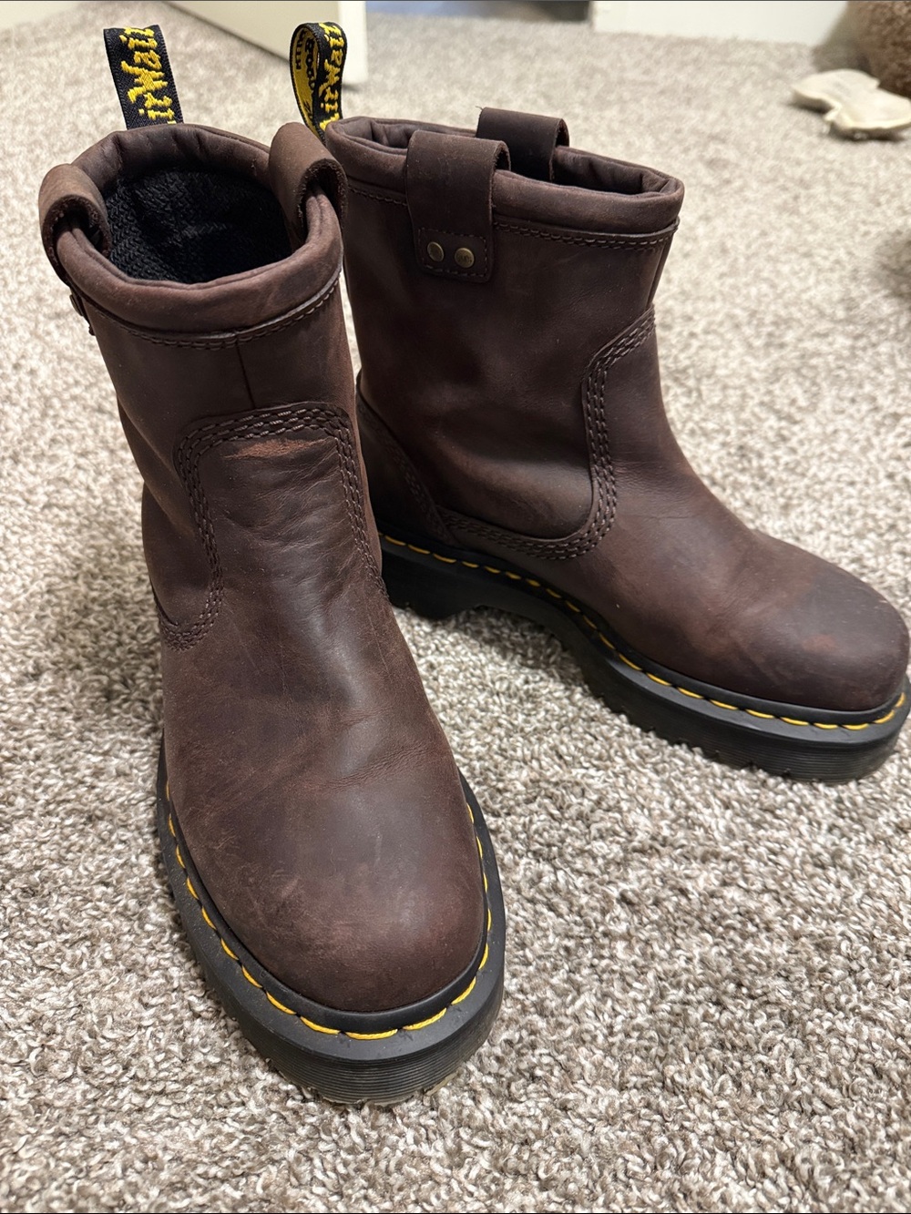 Dr. Martens Brown Leather Pull-On Work Boots with Yellow Welt Stitching